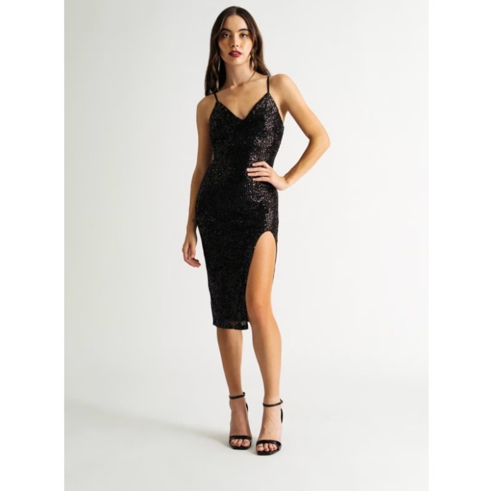Tobi Women's Just Warming Up Sequin High Slit Midi Dress Black gothcore sexy